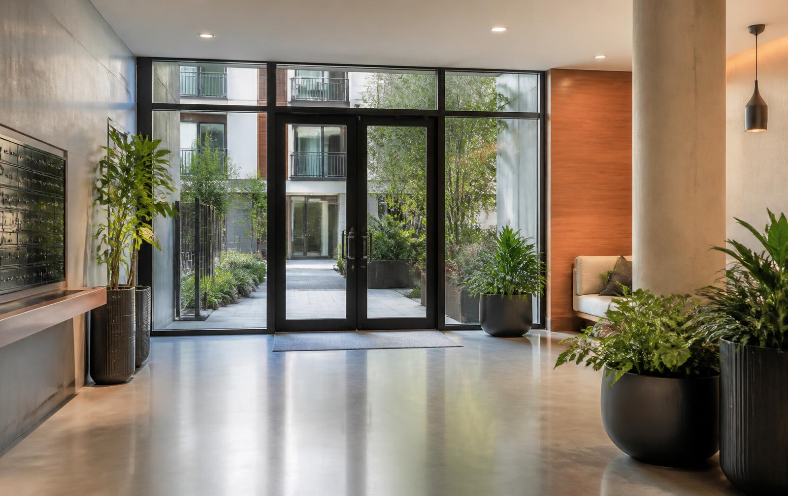 Communal entrance lobby of a managed residential development